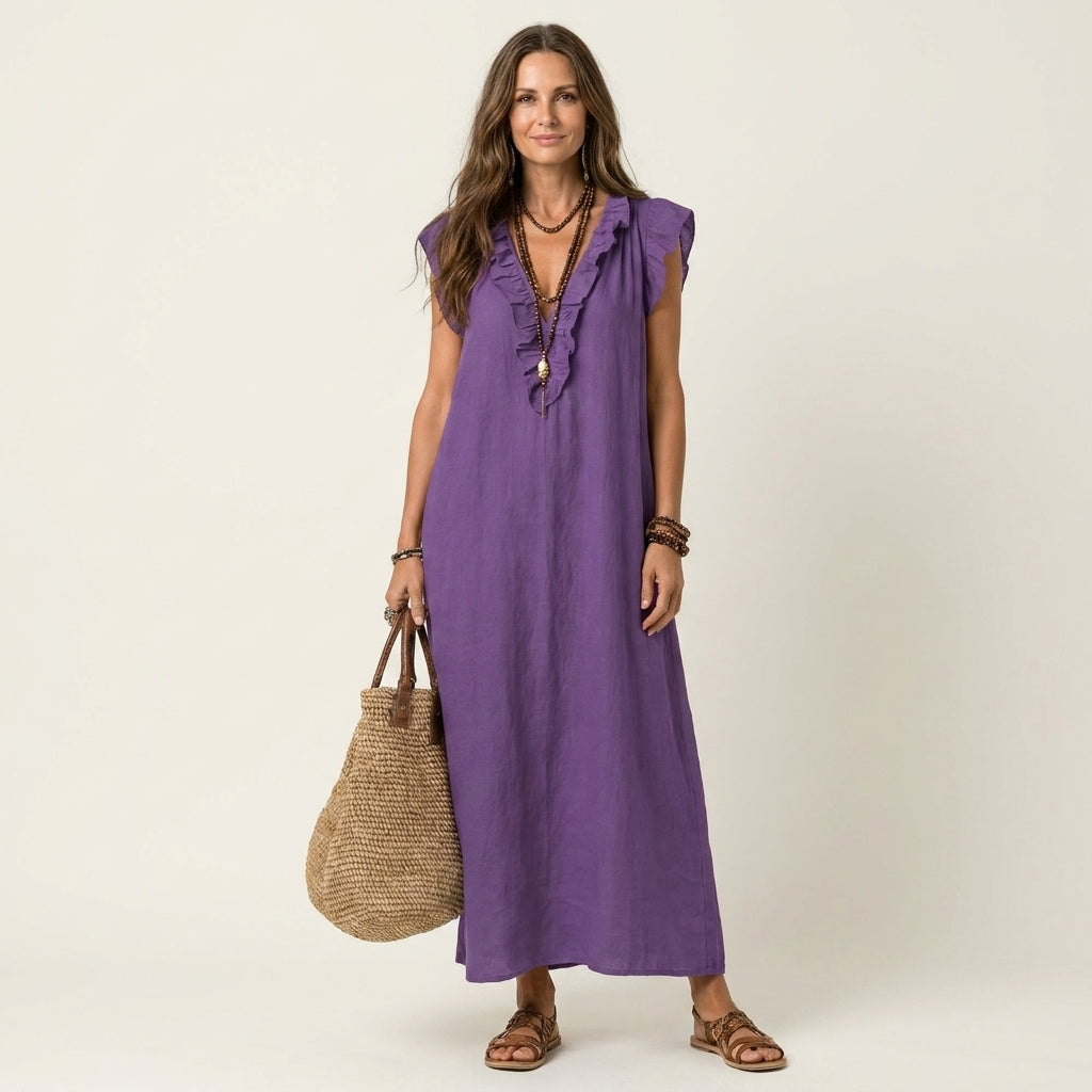 יסמין | שמלת מקסי פשתן עם מחשוף V מעוטר מלמלה