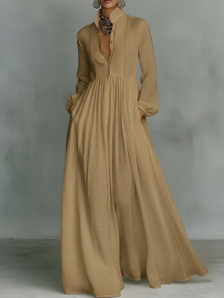 אסתר | שמלת מקסי זורמת עם כפתורים קדמיים בחום