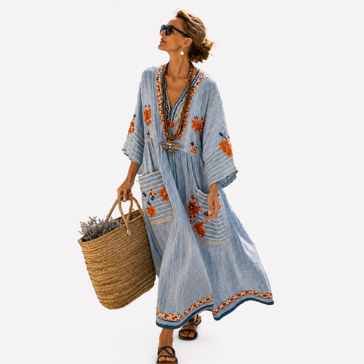 מרים | קפטן בכחול צ'מברי עם רקמה פרחונית