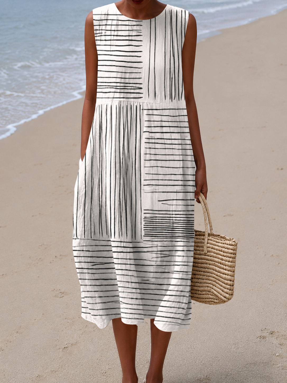 שחר | שמלת מידי בהדפס קווים גרפי