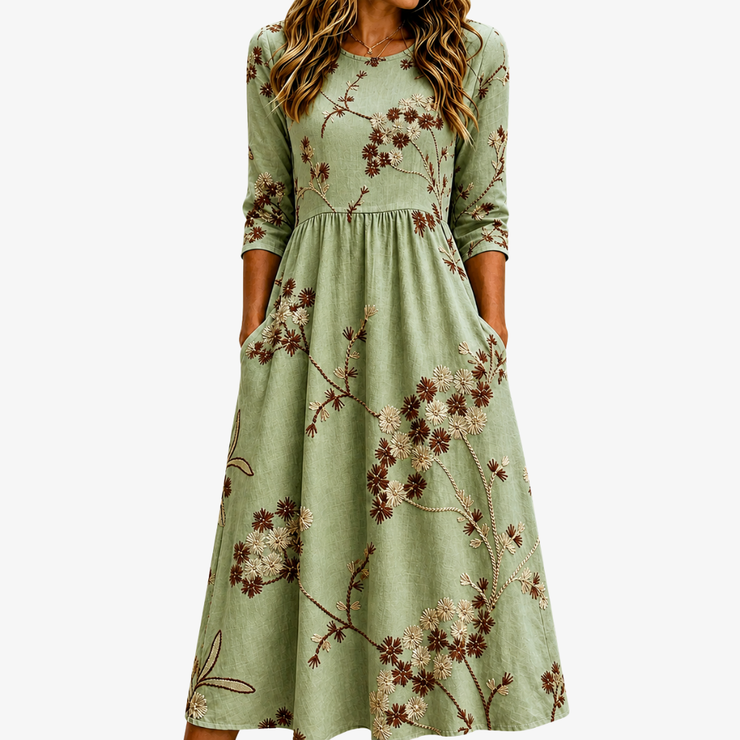 נחמה | שמלת מידי עם כיסים בהדפס אחו ירוק