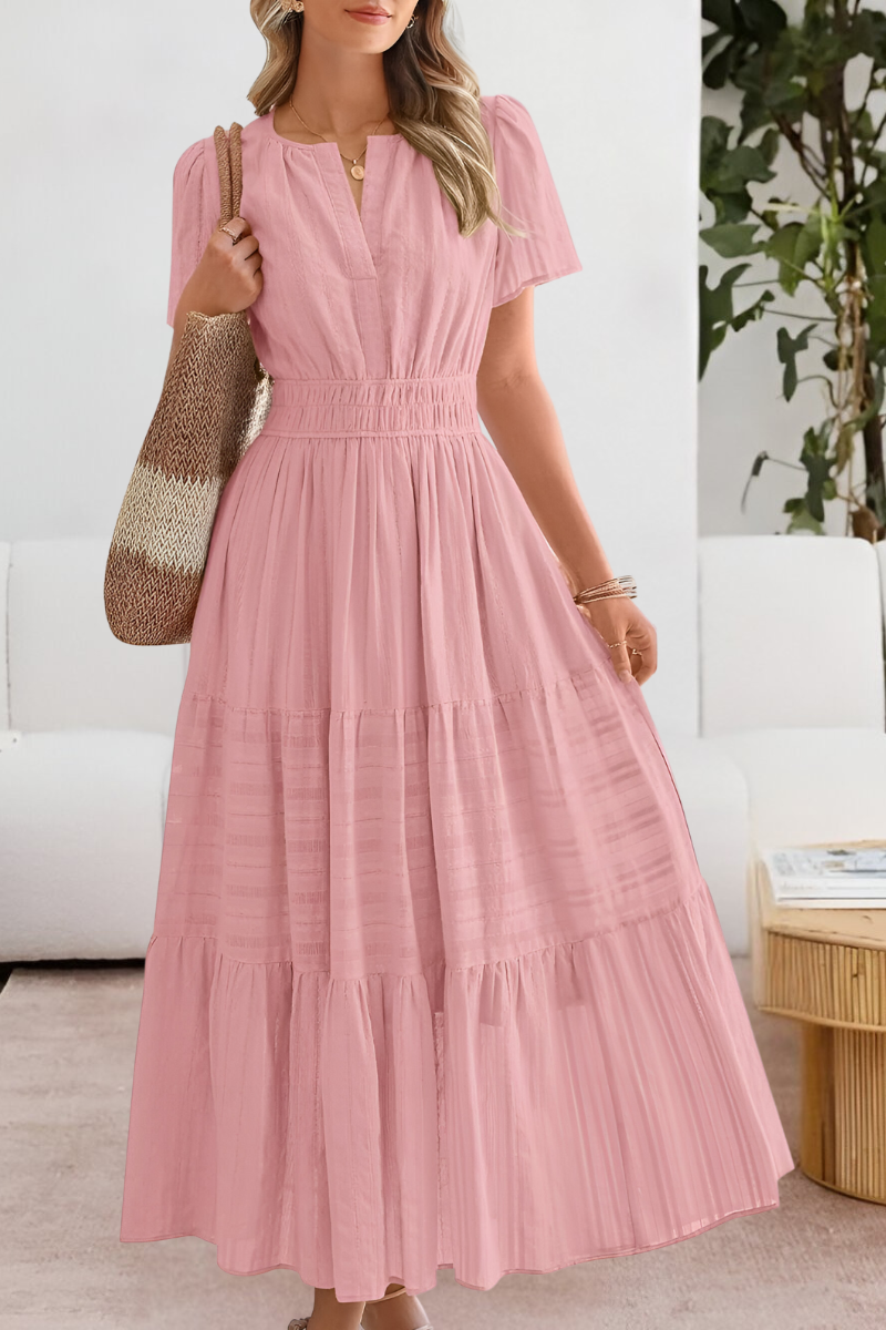 קורל | שמלת מידי בוהו מכווצת עם שרוולים קצרים