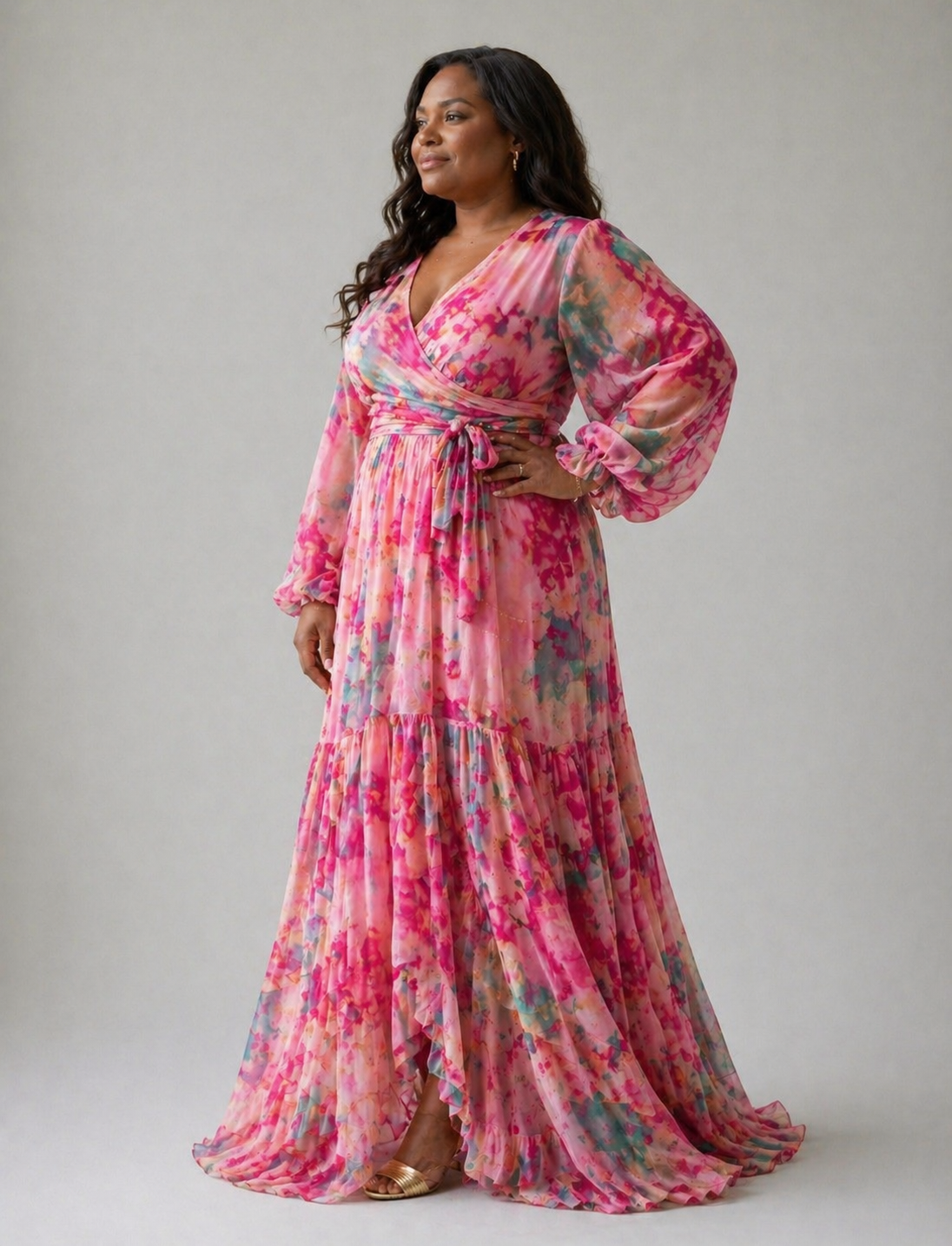 מלי | שמלת ראפ עם הדפס פרחוני ושרוולים ארוכים