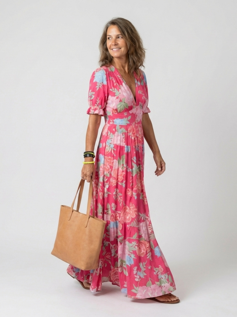 רותי™ | שמלת מידי פרחונית עם מחשוף V ושרוולים קצרים