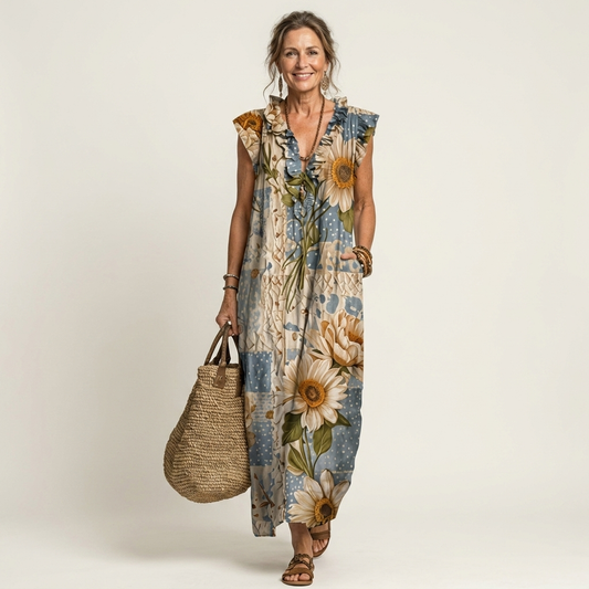 מזל | שמלת מקסי מפשתן עם מחשוף V ומלמלה בלבנדר